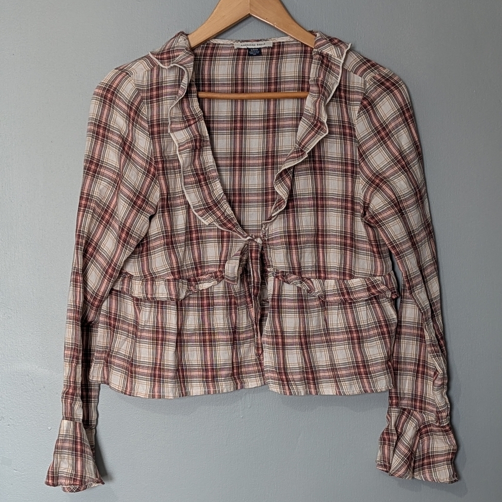 American Eagle Long-Sleeve Plaid Ruffle Tie-Front Women's Small Top